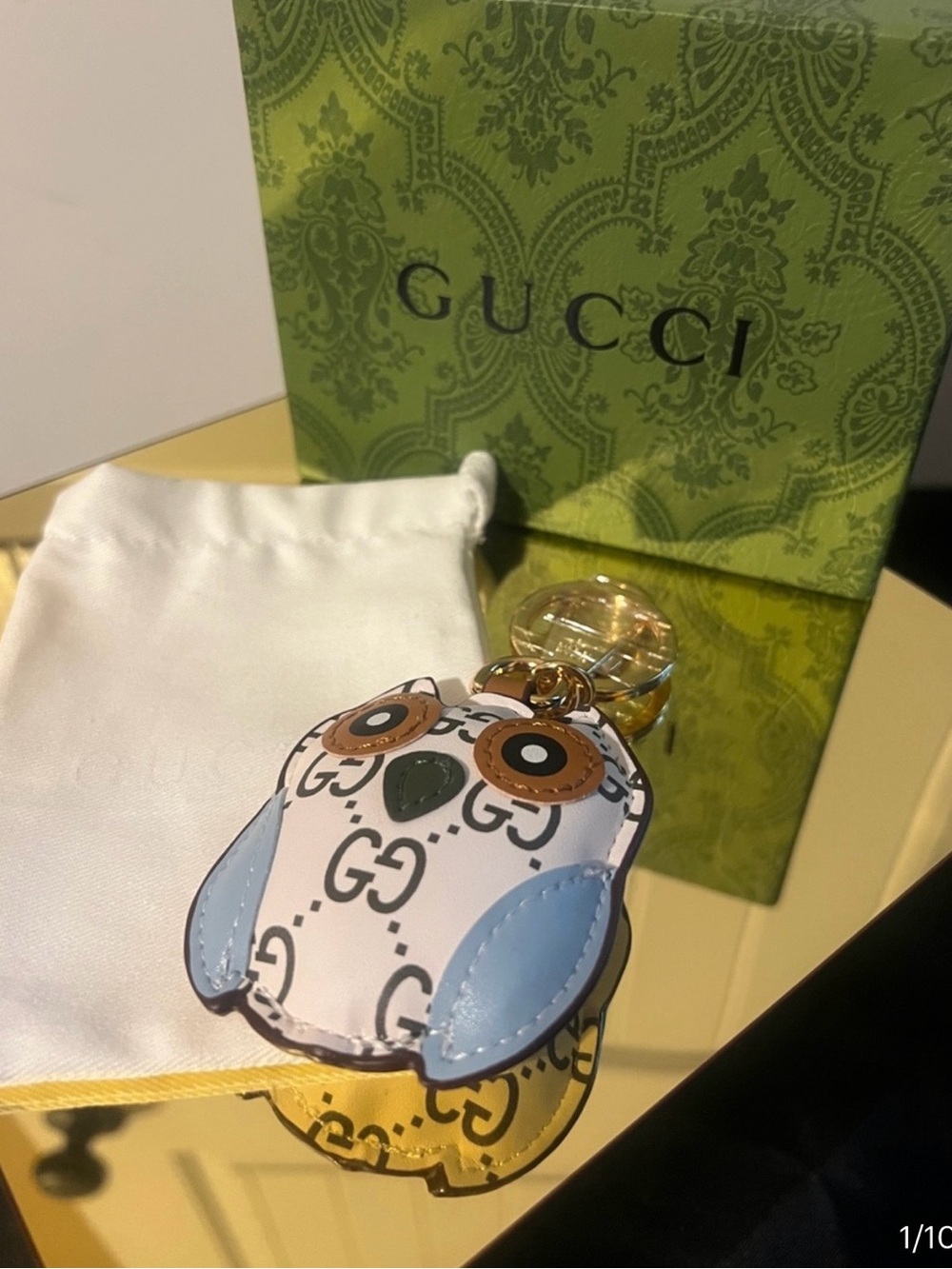 Gucci Cream GG Owl Keychain with Blue Wings and Tan Eye Accents